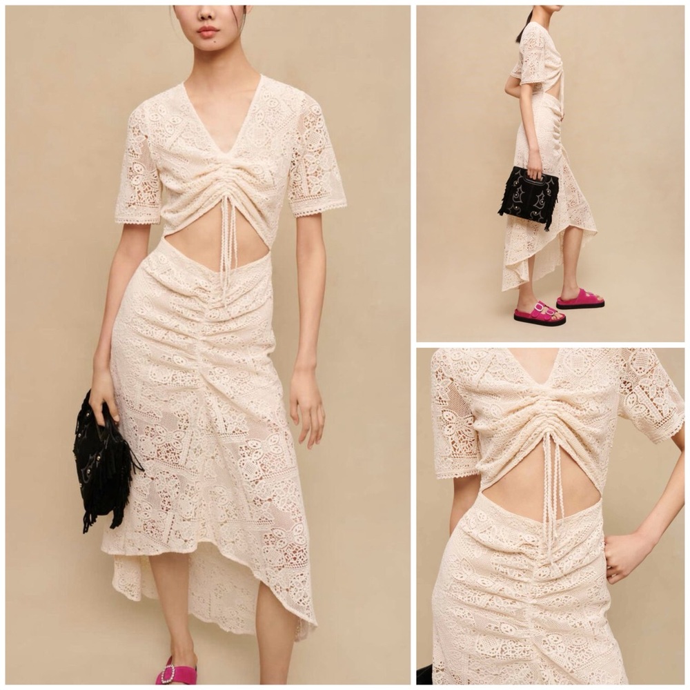 Maje ~ Cutout Ruched Crocheted Lace Midi Dress